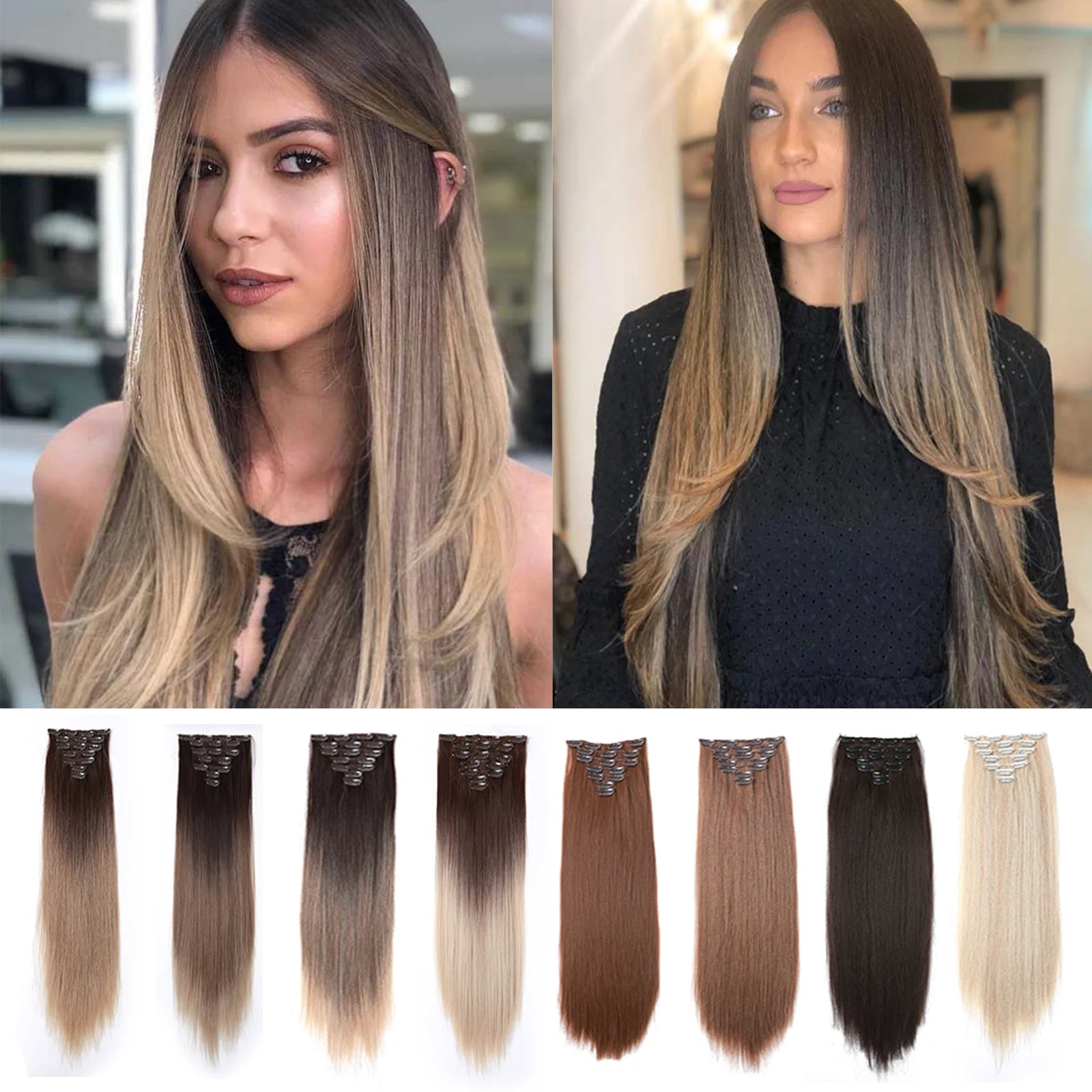 Two-Color Gradient Clip Hair Extension 24" Synthetic Wig Band Clip Clip in Hair Extensions