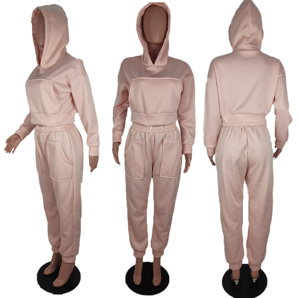 S - 3XL INS Fashion Winter Hoodies Two Piece Tracksuit Casual Womens Fleece Hoodie and Jogger Set - My Store