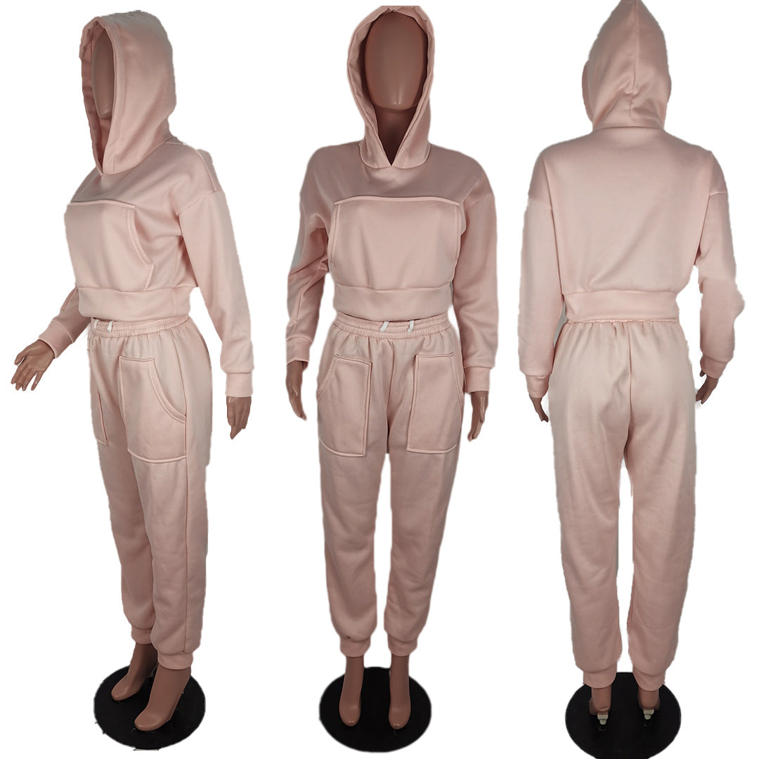 S - 3XL INS Fashion Winter Hoodies Two Piece Tracksuit Casual Womens Fleece Hoodie and Jogger Set - My Store