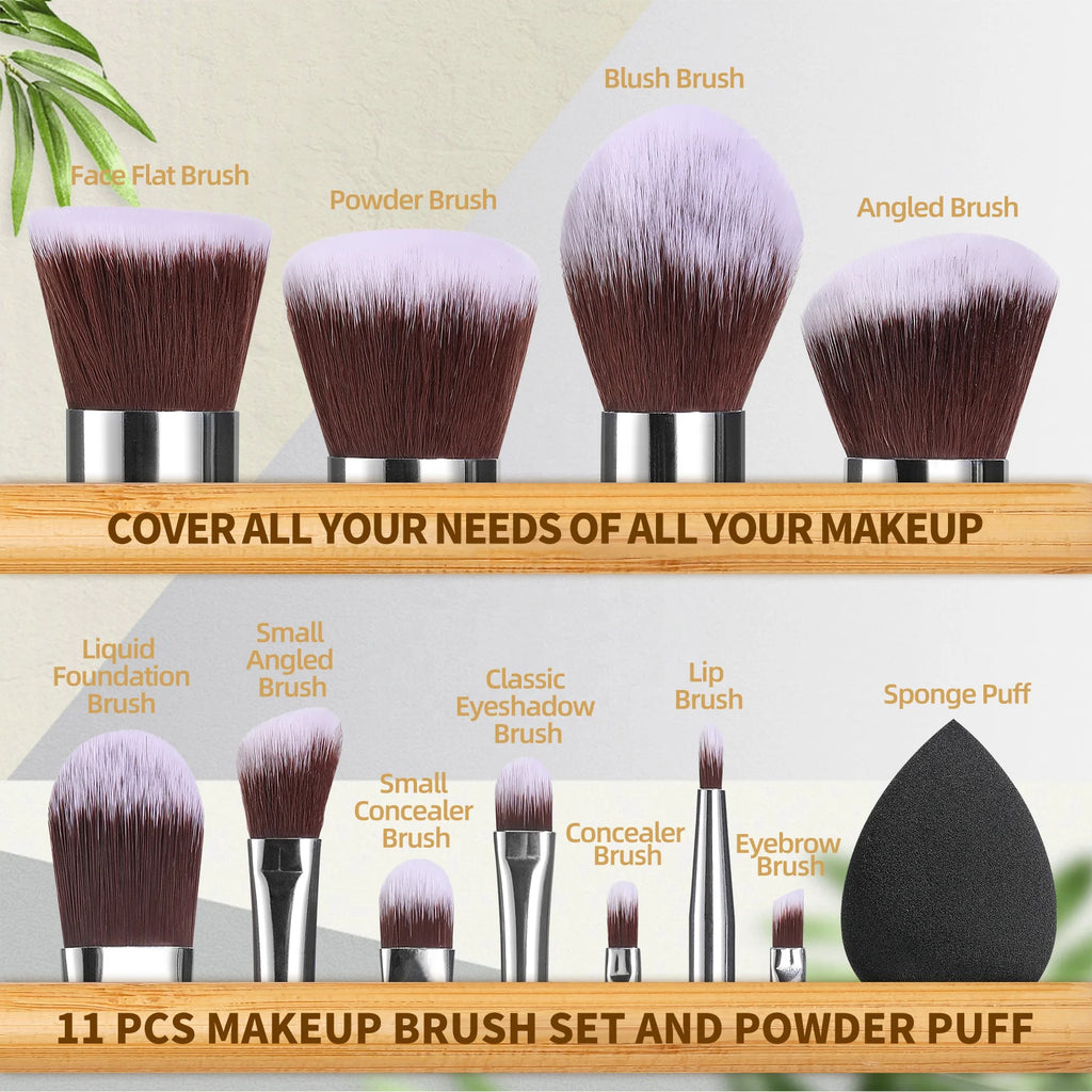 BS-MALL 11 Piece Bamboo Makeup Brush Tools Set Eco-Friend Vegan Synthetic Fiber Make Up Brushes With Makeup Sponge Set - My Store