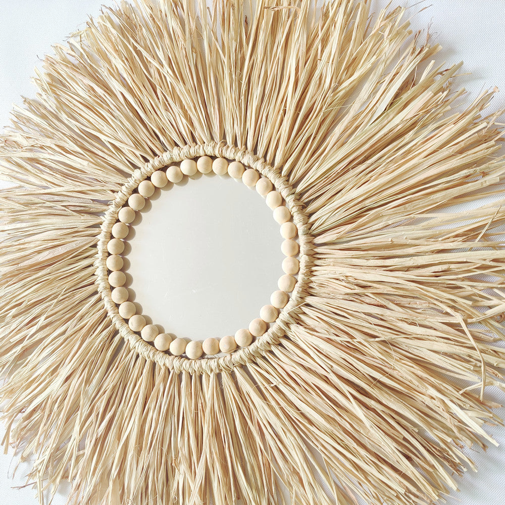 Hot Sales Boho RAFFIA Decor Mirror 45cm Lafite Grass Mirrors Decor Wall Mirrors Decoration With Wood Balls for Home