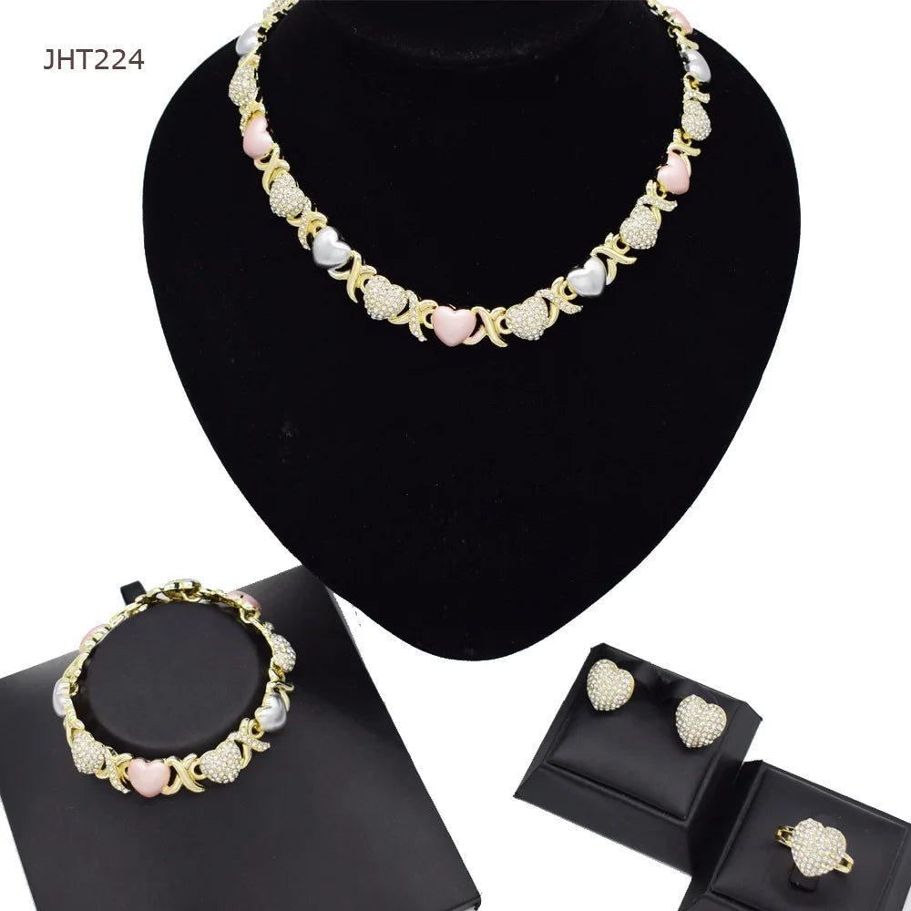 JHT224 High Quality 18K Gold Three Color Rhinestone Jewelry Set XOXO Jewelry Set Women's Jewelry Set
