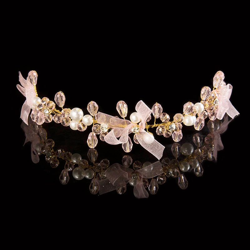 Elegant Bridal Wedding Hair Accessories Crystal Pearl Flower Girl Headband Ribbon Headpiece Hair Jewelry Accessories