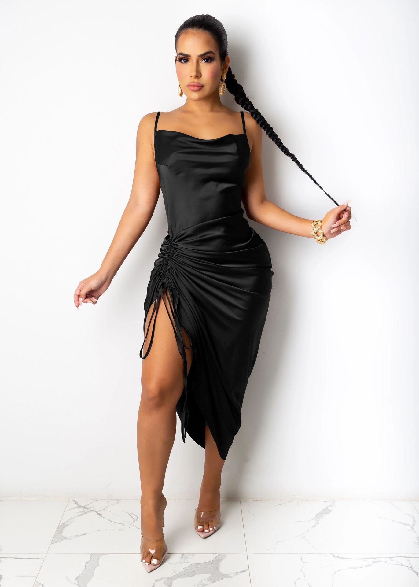New Arrival Satin Dresses Night Dresses Club Party Sexy Wrinkle Maxi Dress for Woman