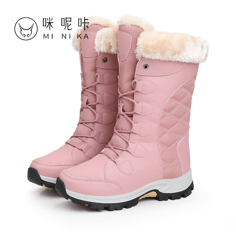 Women Snow Boots Fur Ankle Boot Female Bowtie Warmer Plush Suede Rubber Flat Slip on Fashion Platform Winter Boots Women