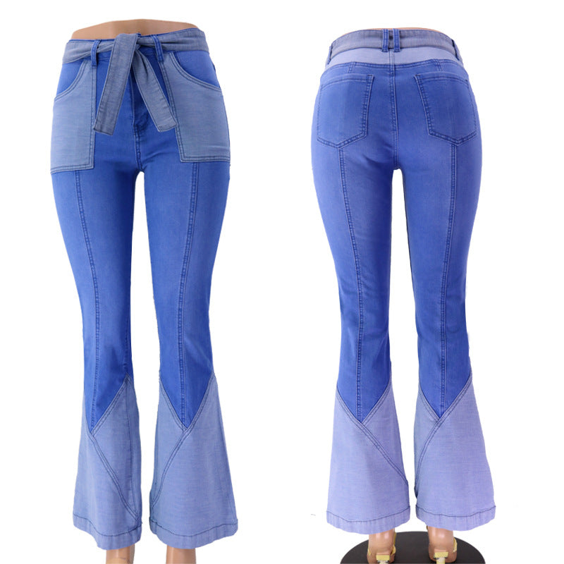 NS043 Vintage High Waist Splicing Ladies Trousers Jeans for Girl Denim Jean Flared Jeans Pants