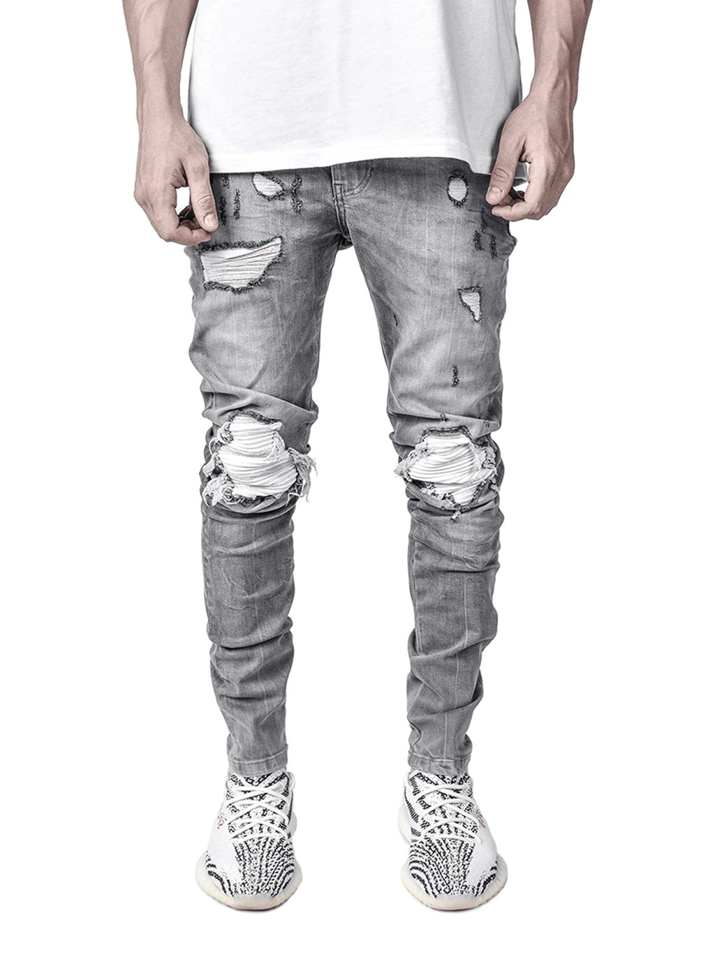 Casual Regular Fit Jean Pants Ripped Holes Zipper Design Men's Biker Jeans Rapp