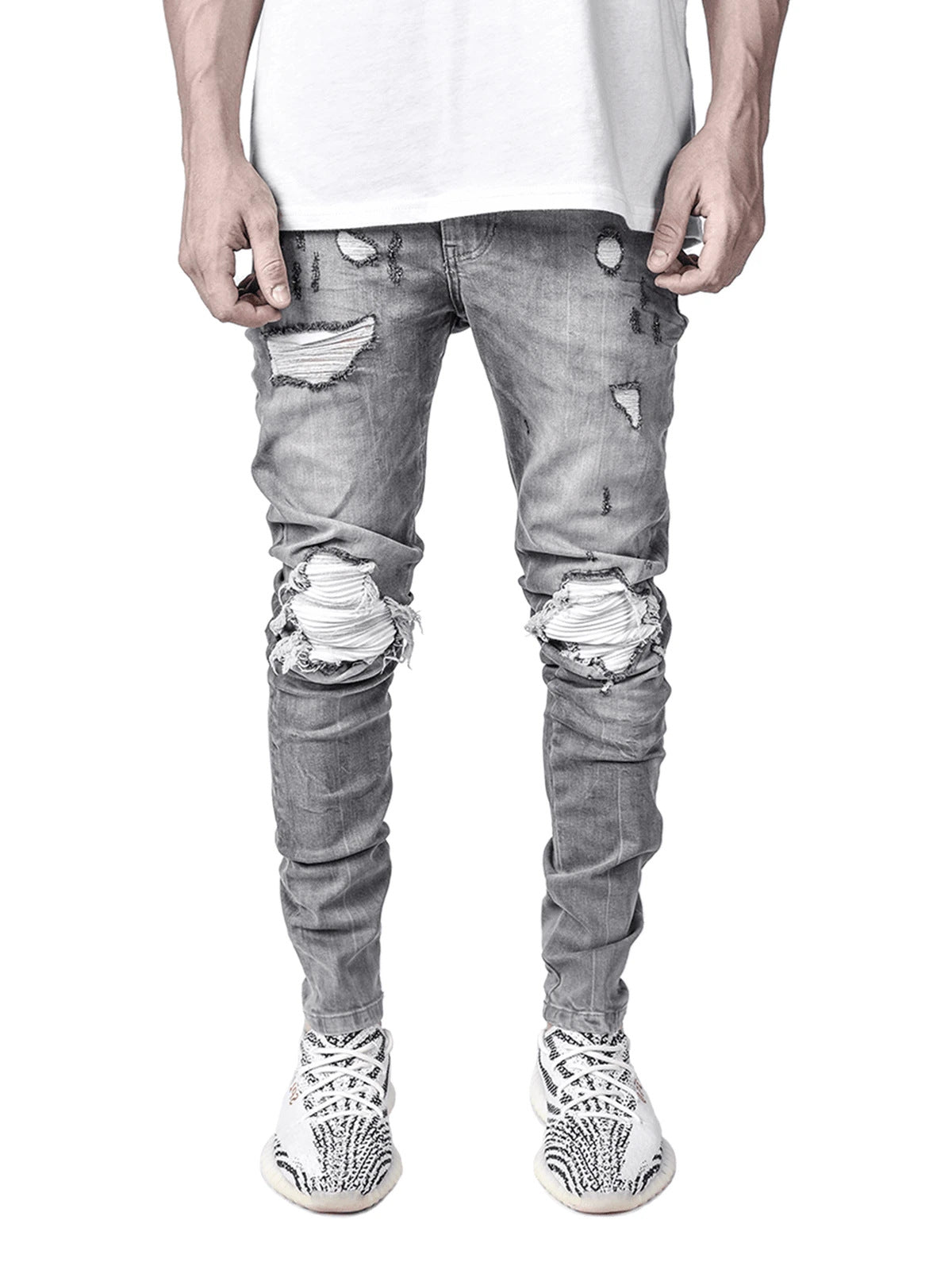 Casual Regular Fit Jean Pants Ripped Holes Zipper Design Men's Biker Jeans Rapp