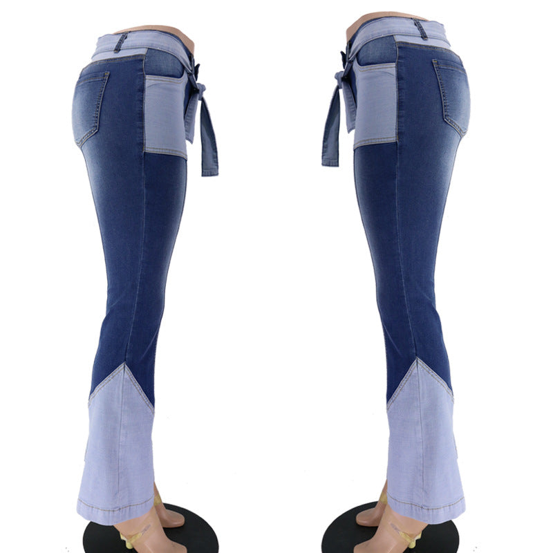 NS043 Vintage High Waist Splicing Ladies Trousers Jeans for Girl Denim Jean Flared Jeans Pants