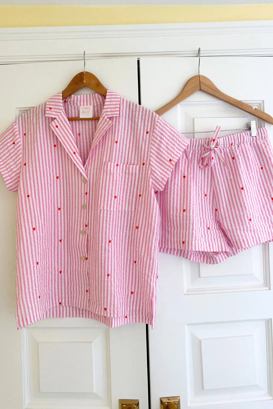 New Design Seersucker Hearts Striped Lounge Clothes Casual Suit Pajamas Loungewear Women Pajama Set