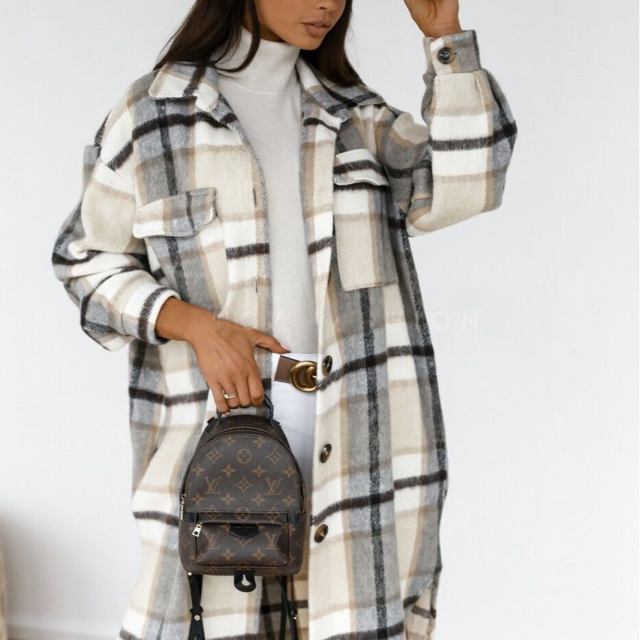 KaiChen  Printed Plaid Color Women's Cardigan Long Coat Turtleneck Warm Coat Long Coats Colorful