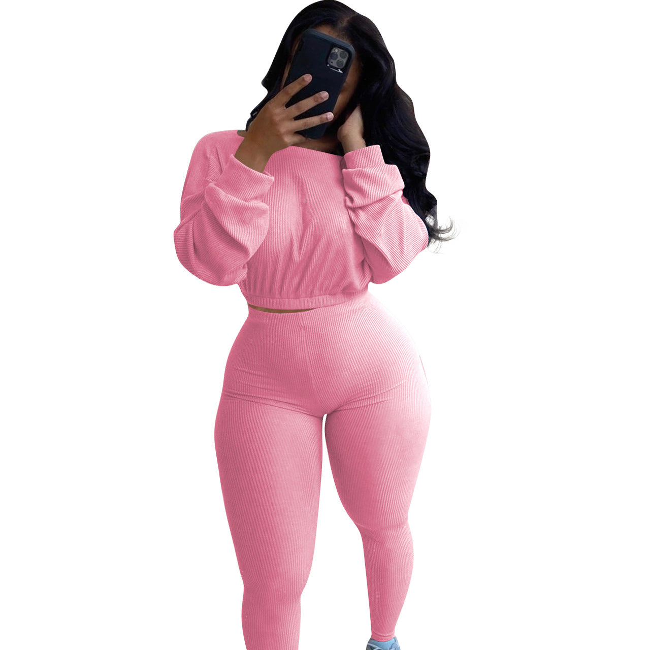 Spring Fall Ladies Clothing Multicolor 2 Piece Jogger Set Woman Boat Neck Elastic Band Casual Rib Activewear Pants Set