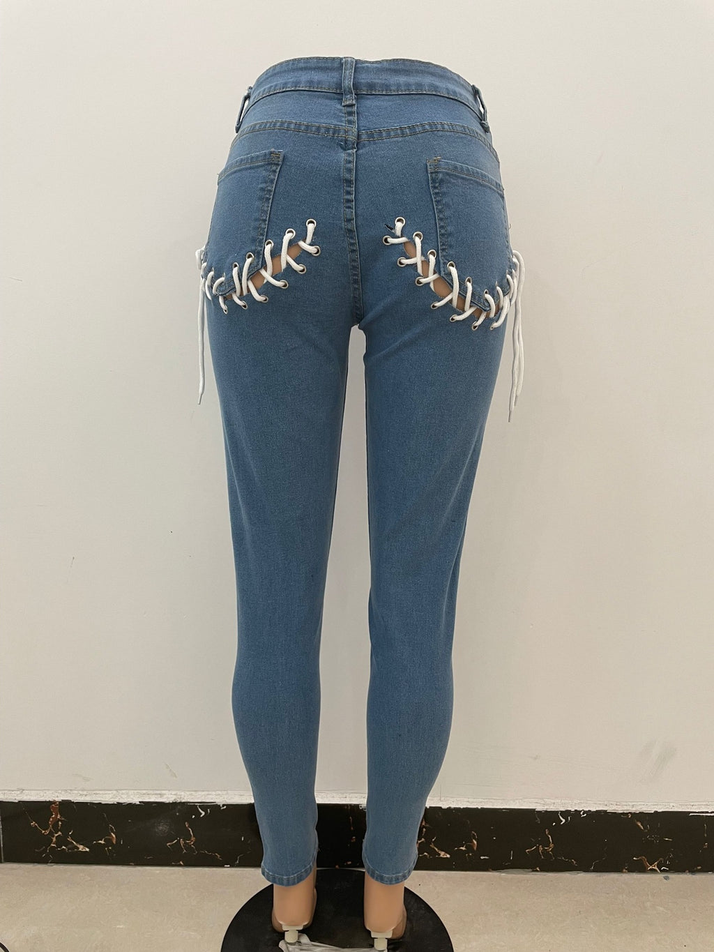 Stretch Woman Skinny Jeans Back Hollow Out Drawstring Cutout Holes Jean