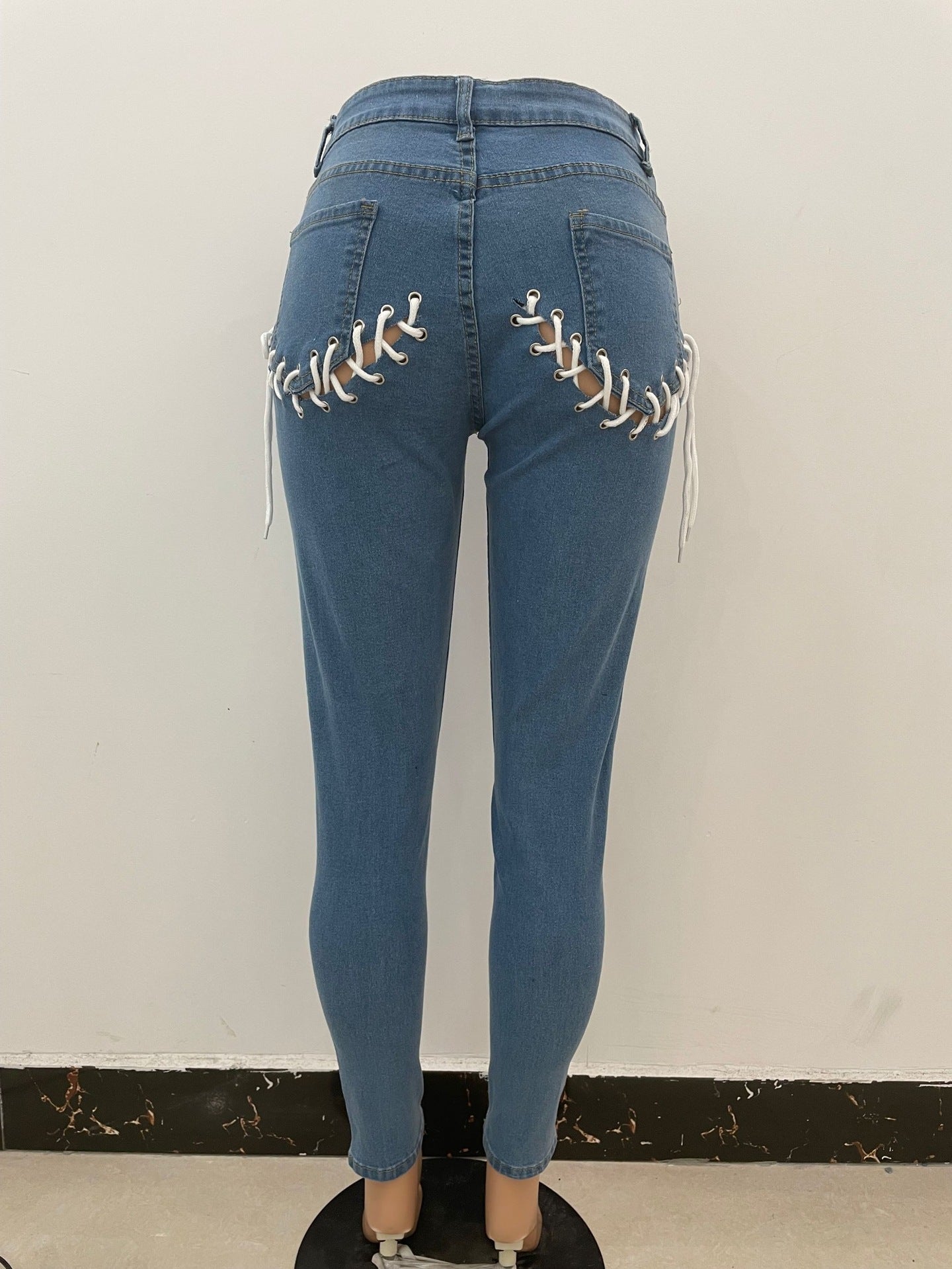 Stretch Woman Skinny Jeans Back Hollow Out Drawstring Cutout Holes Jean