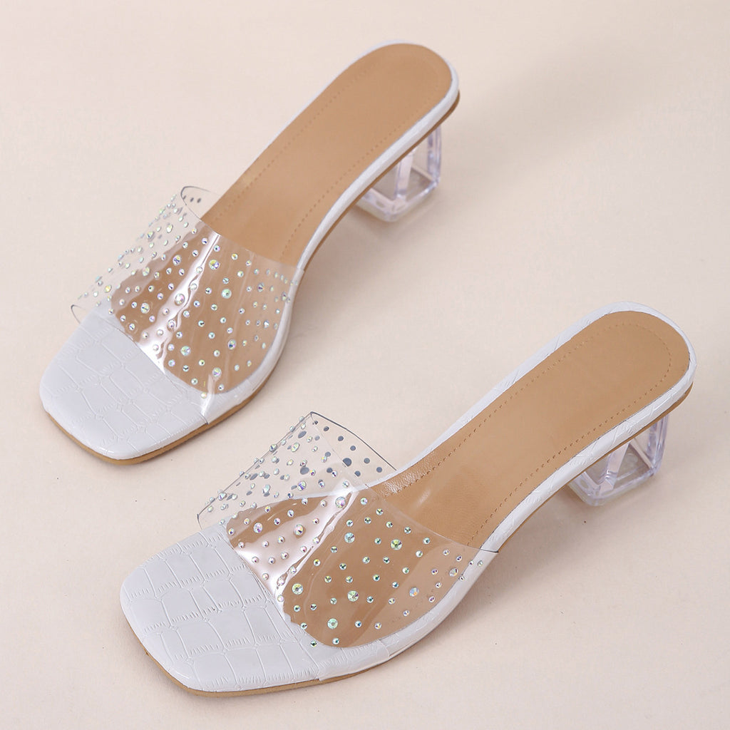 Stylish Slipper Ladies Outdoor High Heeled Women Crystal Fabric Flip Flops Shoes Women's New Square Toe Crystal Sandals Slippers