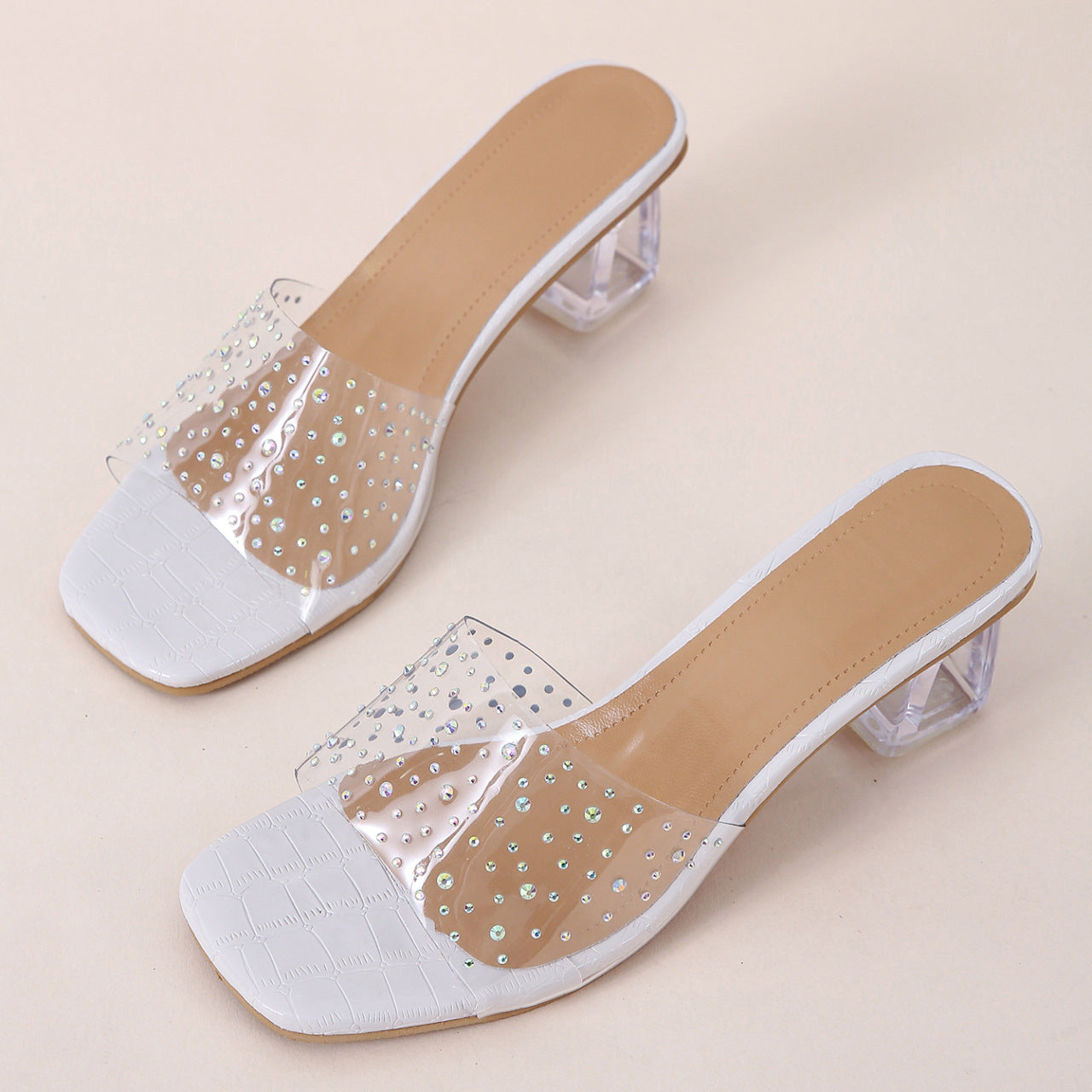 Stylish Slipper Ladies Outdoor High Heeled Women Crystal Fabric Flip Flops Shoes Women's New Square Toe Crystal Sandals Slippers