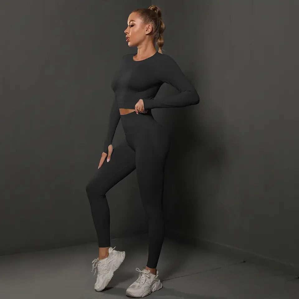 Hot Selling New Custom Logo Plus Size Seamless Activewear Set Long Sleeved Top Leggings 2 Piece Set Custom Yoga Set