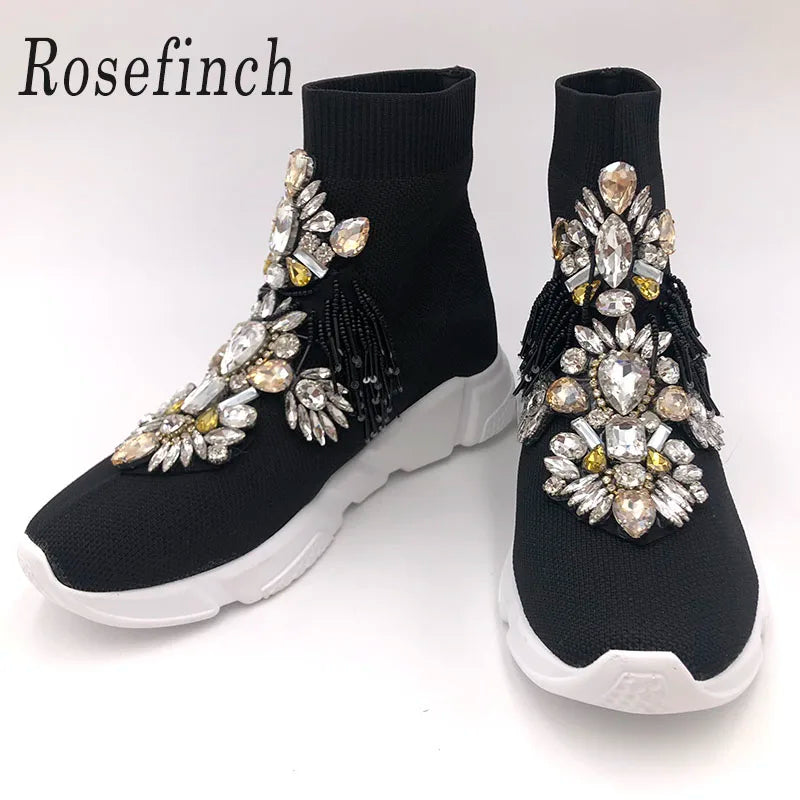 Crystal Sock Sneaker Shoes Women Shoes With Crystals Rhinestone Sock Shoes Fashion Sneakers Women Short Boot Shoes WK85