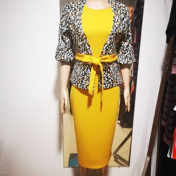 Ladies Jacket Bodycon Dress Two Piece Dresses Women Lady Elegant Flowers Long Sleeves Office Dresses