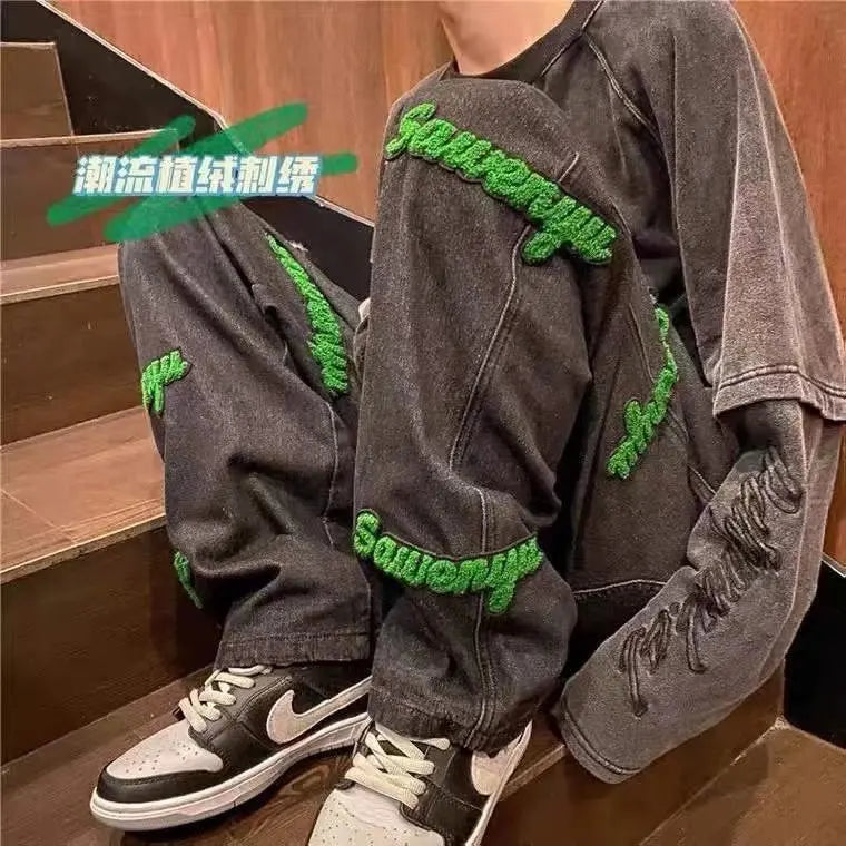 Mens Oversized Hiphop Embroiled Baggy Denim Jeans for Mens Sustainable Loose Jeans Casual Softener Knitted Jean