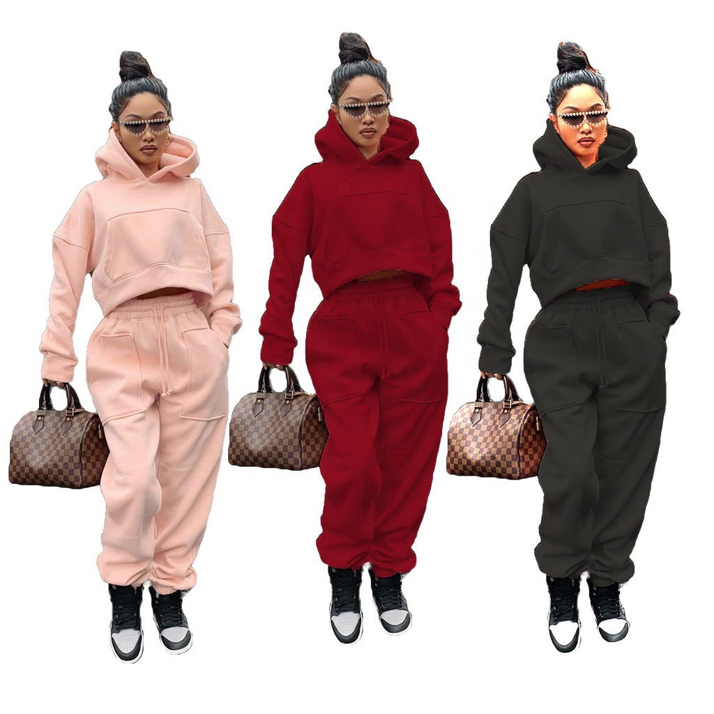S - 3XL INS Fashion Winter Hoodies Two Piece Tracksuit Casual Womens Fleece Hoodie and Jogger Set - My Store