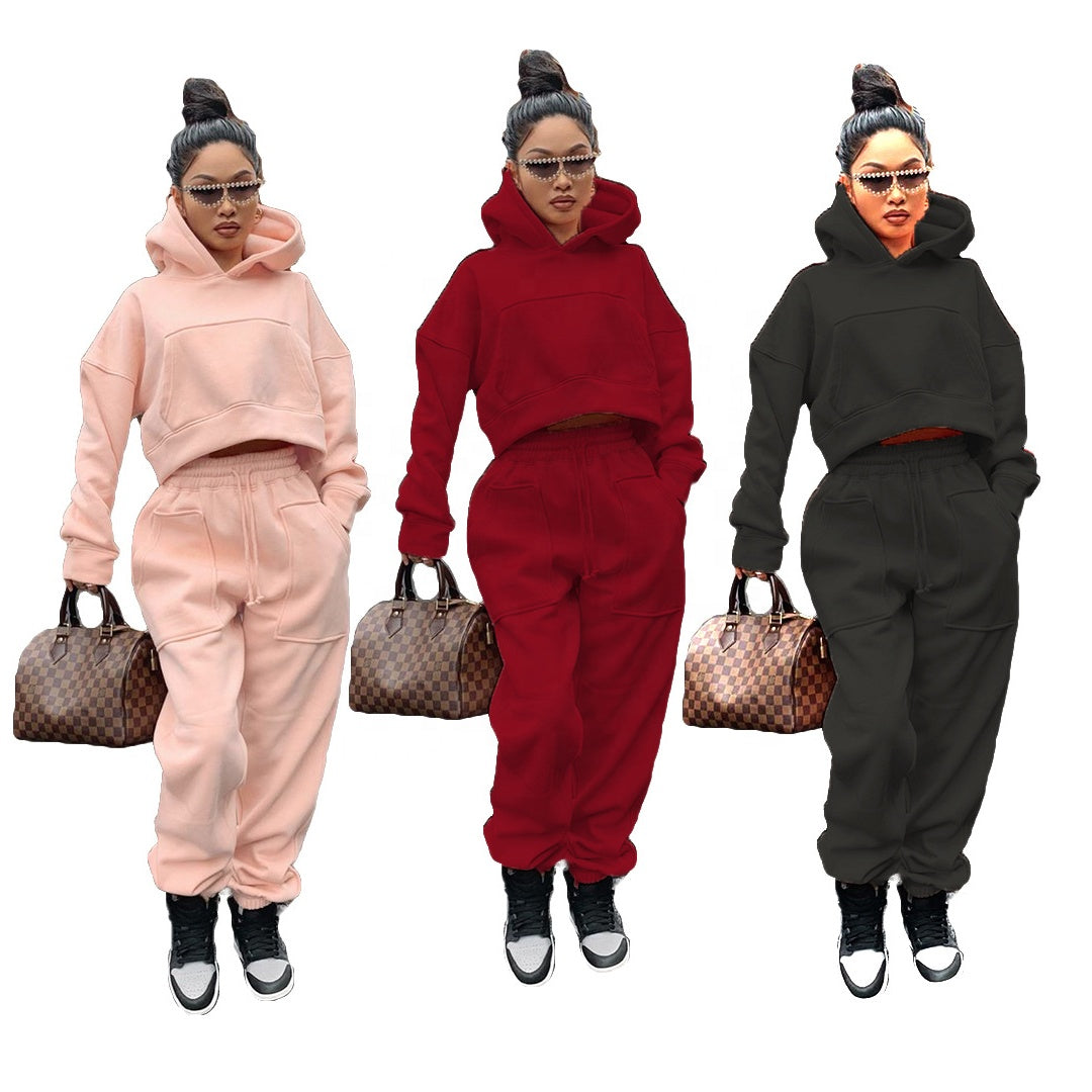 S - 3XL INS Fashion Winter Hoodies Two Piece Tracksuit Casual Womens Fleece Hoodie and Jogger Set - My Store