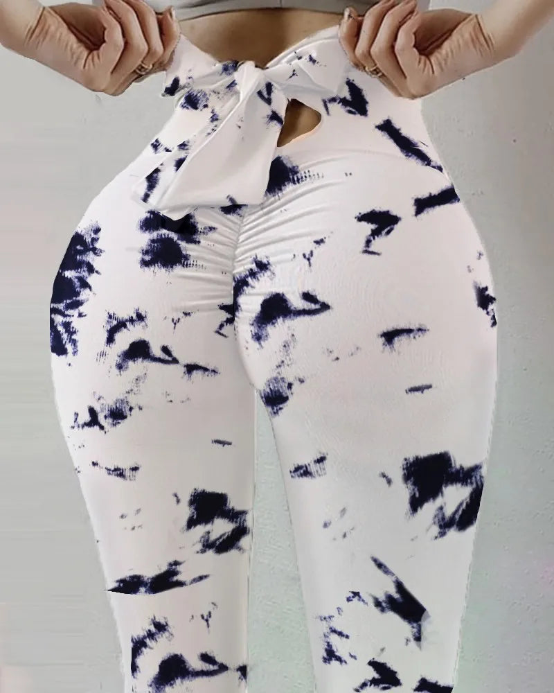 FCCEXIO Summer Butterfly Print Leggings Cute Bow High Waist Fitness Pants Hip Lift Workout Leggins Leopard Push Up Leggin