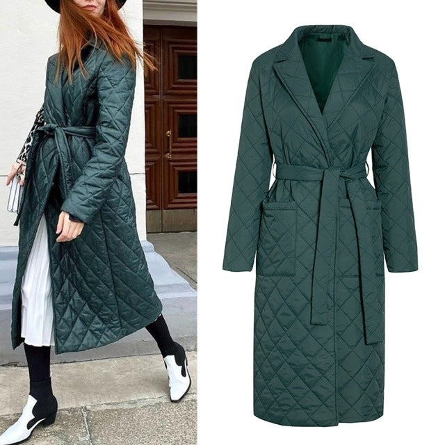 Windbreaker Long Women's Coats Long Straight Winter Coat With Rhombus Pattern Casual Belt Long Coat Women Puffer Jacket