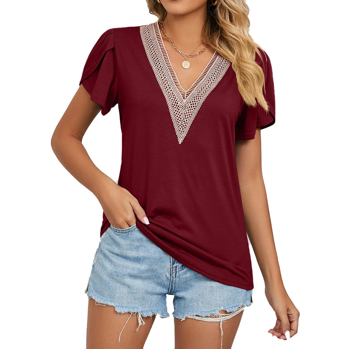 Summer Women's Blouses & Shirts V-Neck Fashion Sexy Blouse Ladies Loose Top Short-Sleeve Vacation T Shirt
