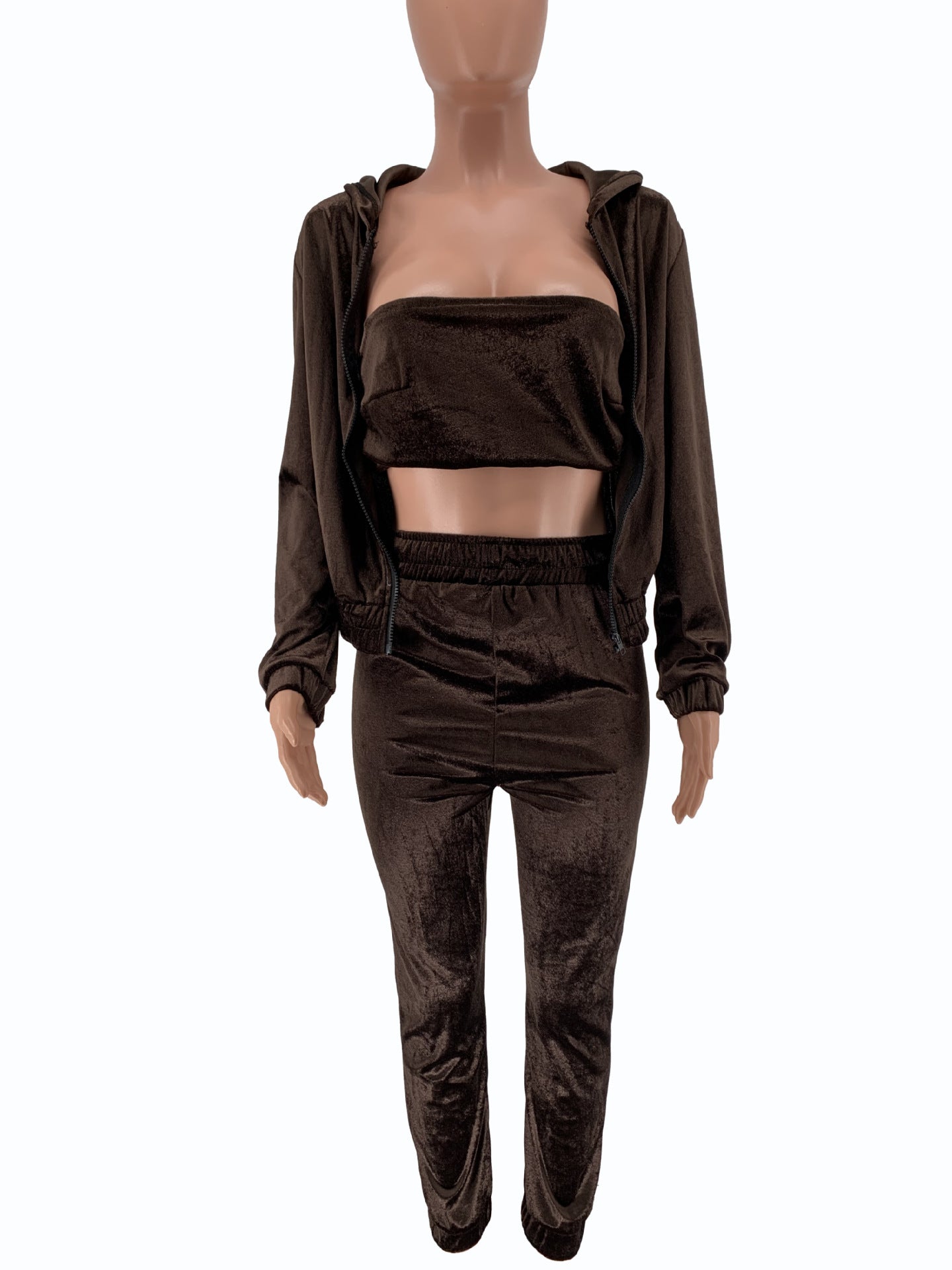Wholesale Velvet Three Piece Activewear Jogger Pants Set Velour Sweatsuit Jogging Set for Women Zipper Hoodie 3 Piece Sets