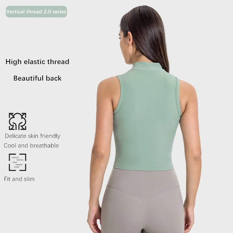 Xsunwing Sports Crop Tank Tops Women Seamless Ribbed Activewear Round High Neck Workout Crop Top Casual Yoga Gym Vest WDQ102