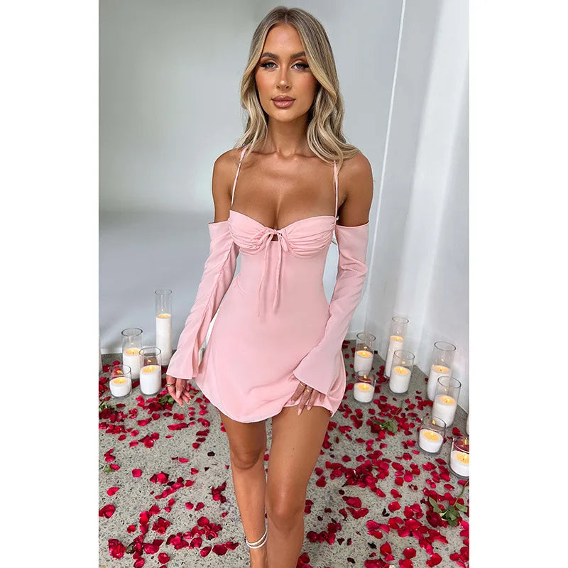 K23D32311 Solid Mini Dresses Ladies Slim Dress Halter Bandage Women Casual Dresses