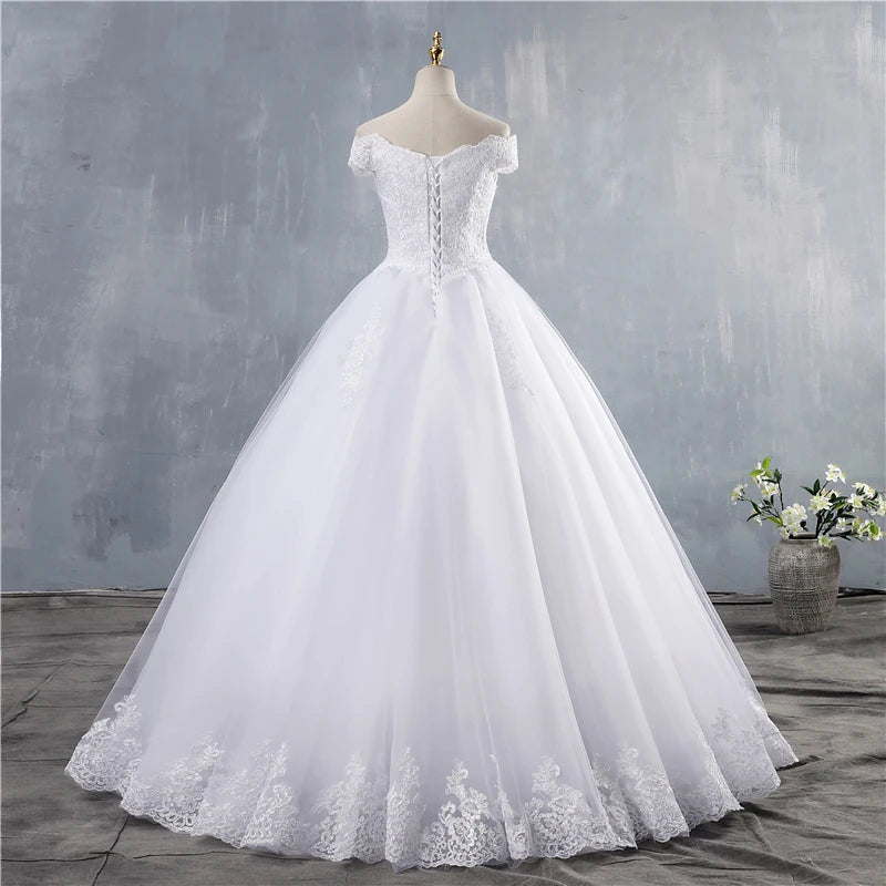 ZJ9143 2023 White Ivory Lace Appliques Ball Gown Cheap Off the Shoulder Short Sleeves Bridal Dress Wedding Dresses - My Store