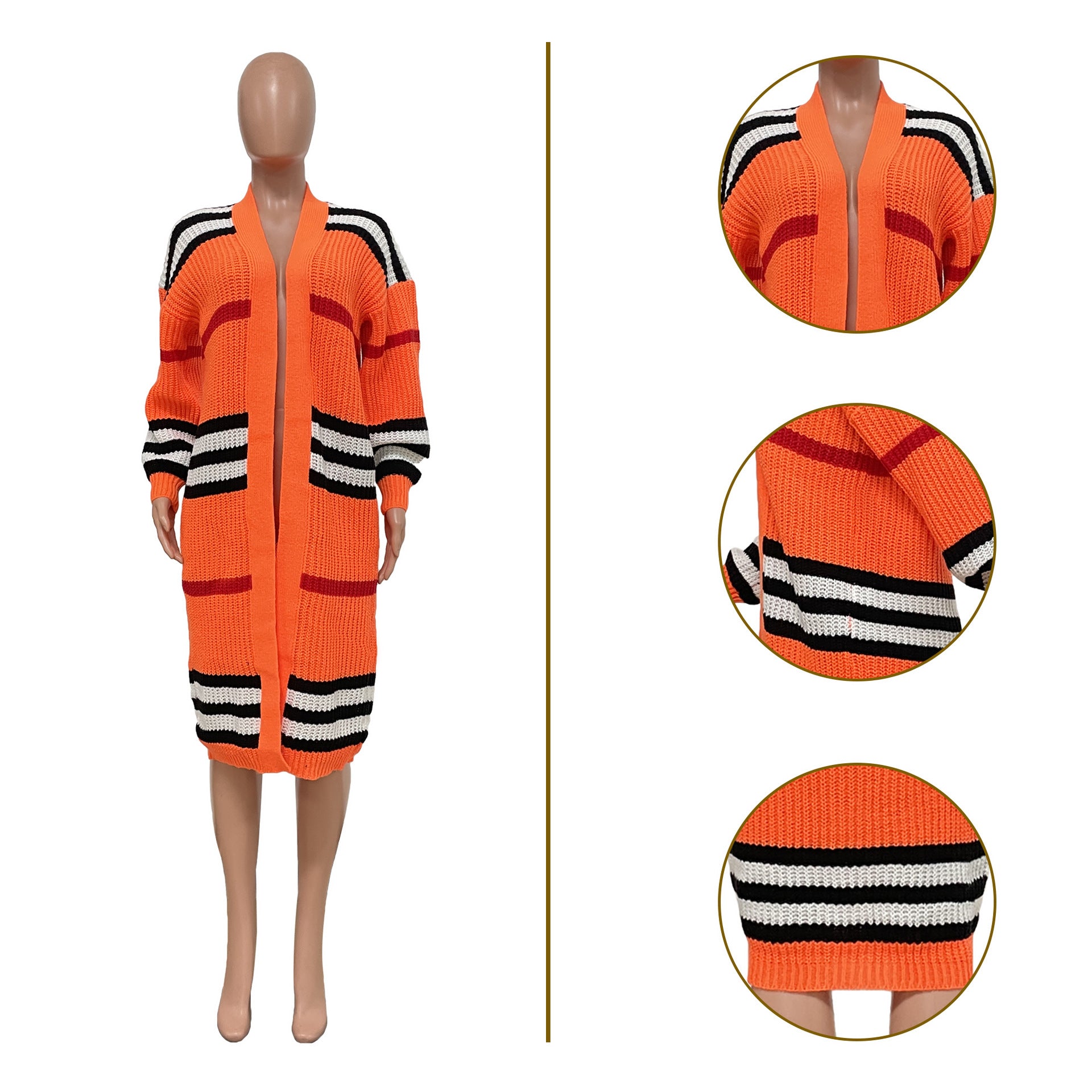 Women Coat Plus Size L-3xl Wear Out Knitted Striped Long Coat   Casual Cardigan Coats for Adult
