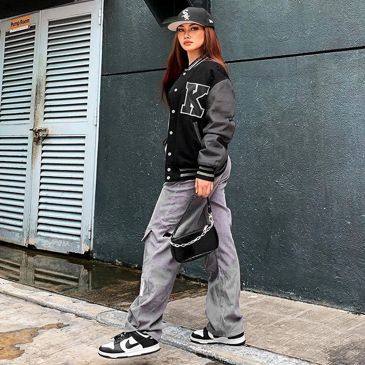 Autumn Winter Women's Coat Color Matching Printed Leather Sleeves Printed Baseball Uniform Coat Women's Jackets and Coats