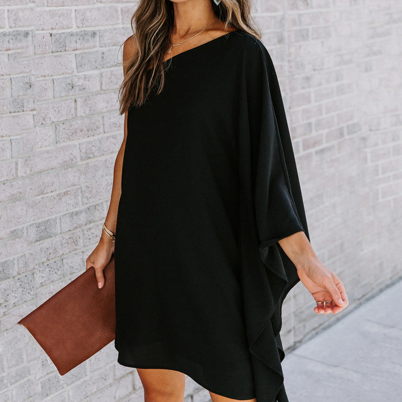 Summer Ruffle Dress Women's Sexy Batwing Loose Casual Dresses Solid Color Elegant Club Party Mini Dressy One Shoulder Dress