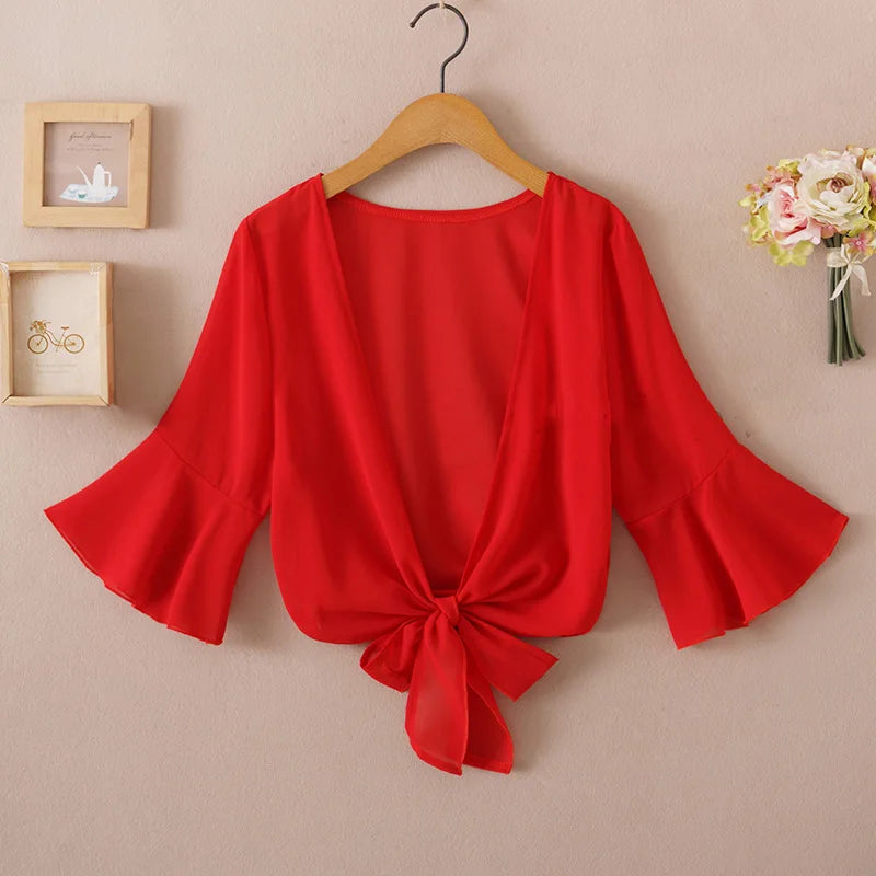 Summer Blouses for Women 2020 Woman v Neck Tie Waist Blouse Shirt Chiffon Black Ruffle Sleeve Top Lace Beach Blouse Cover Up
