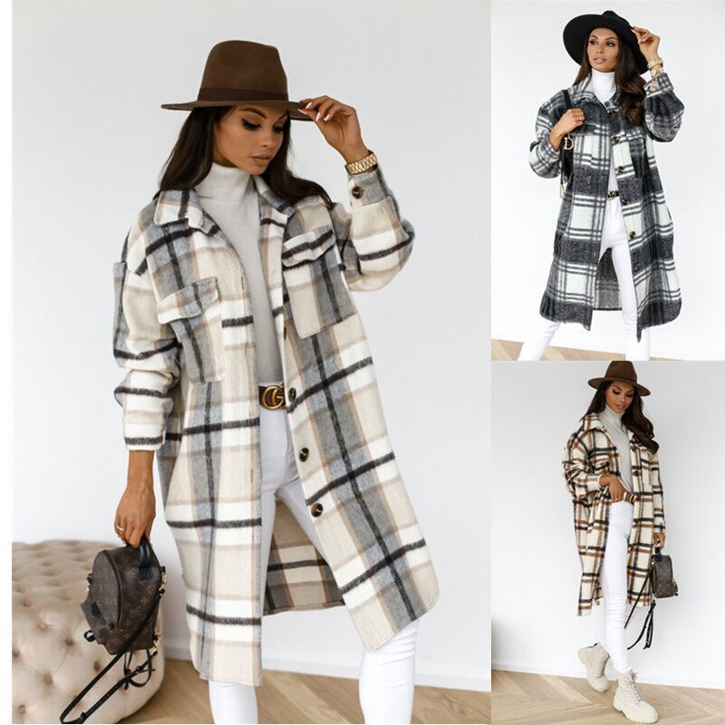 KaiChen  Printed Plaid Color Women's Cardigan Long Coat Turtleneck Warm Coat Long Coats Colorful