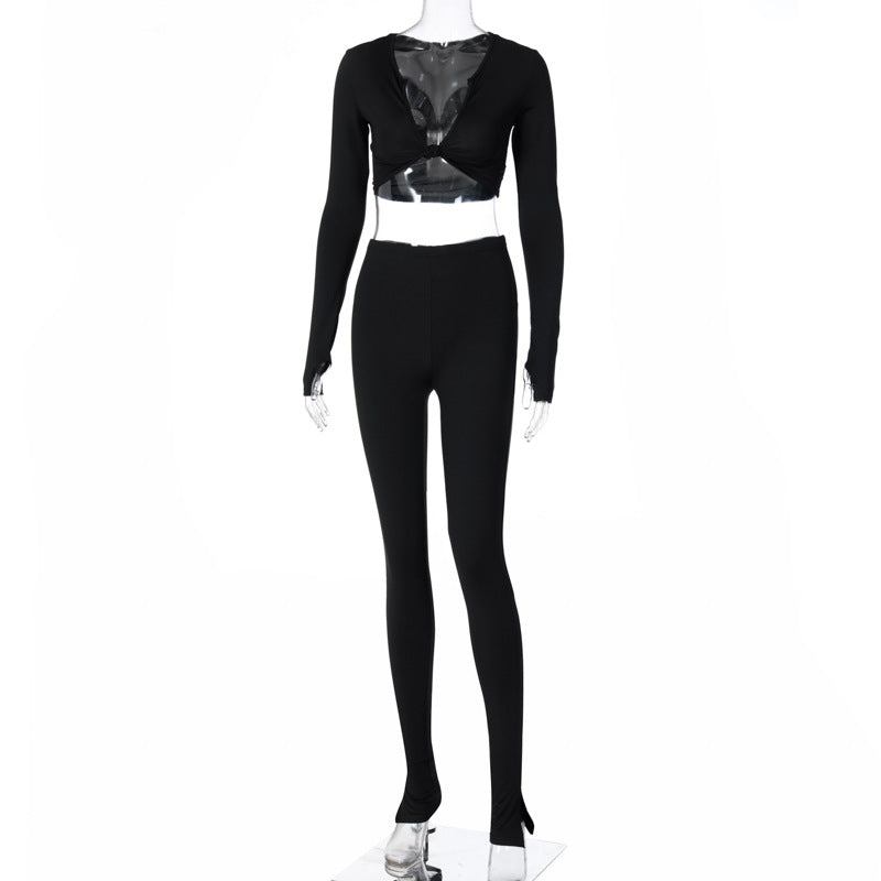 TG037 Autumn Trendy Active Wear Women Yoga Long Sleeve Bodycon Solid Color Yoga Set Fitness Womens Activewear