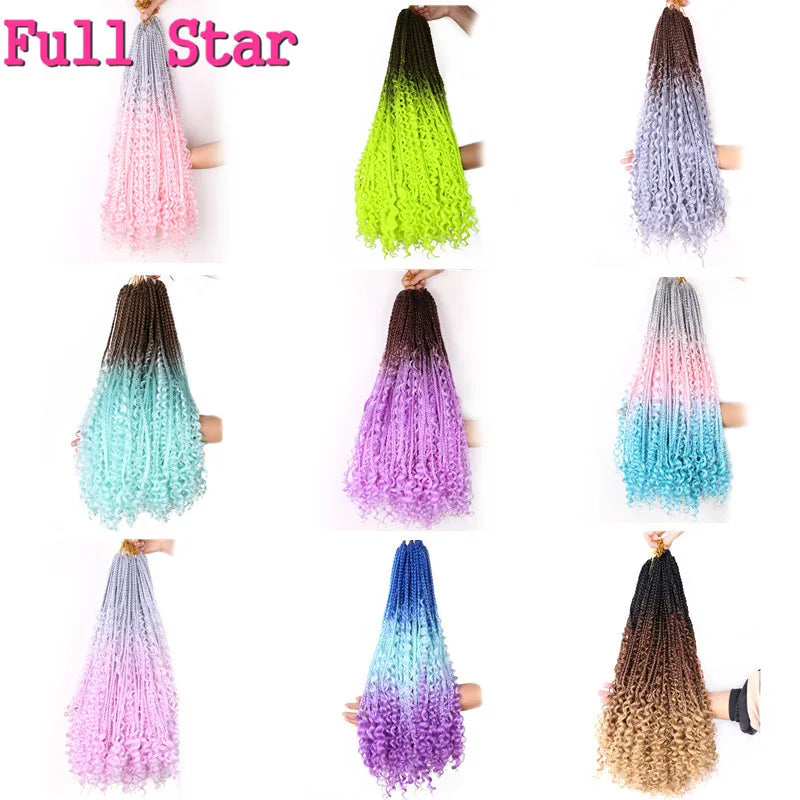 Full Star 22Inch 12 Strands Tight Box Braids Crochet Hair Wavy Ends Synthetic Hair Extensions Ombre  Black Brown Color