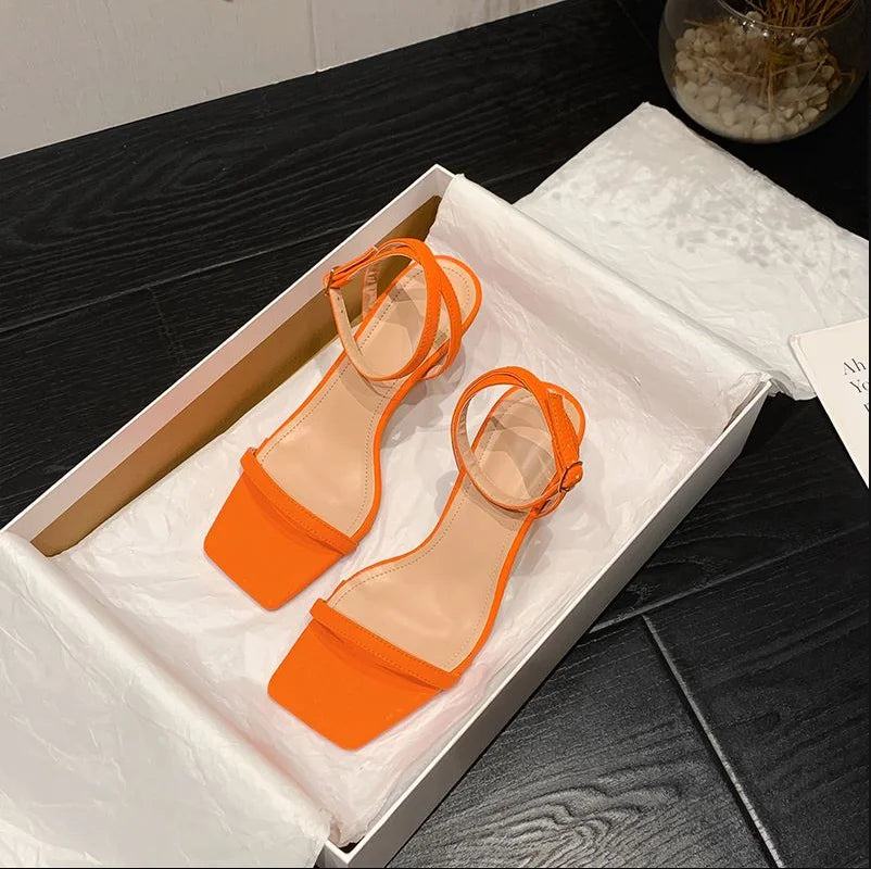 227-A2 New Arrival Summer Women Shoes Ankle Strap Mid-Heel Square Open Toe Heels Strap Women's Sandals High Heels