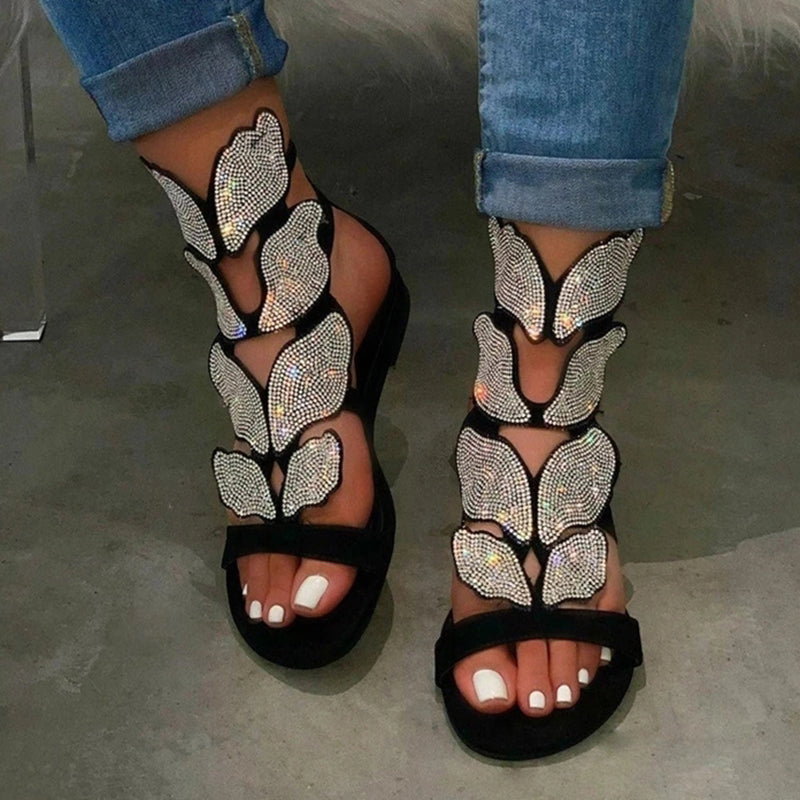 Fashion Women Summer Rhinestone Bowknot Sandal Hollow Flat Open Toe Women's Roman Sandals
