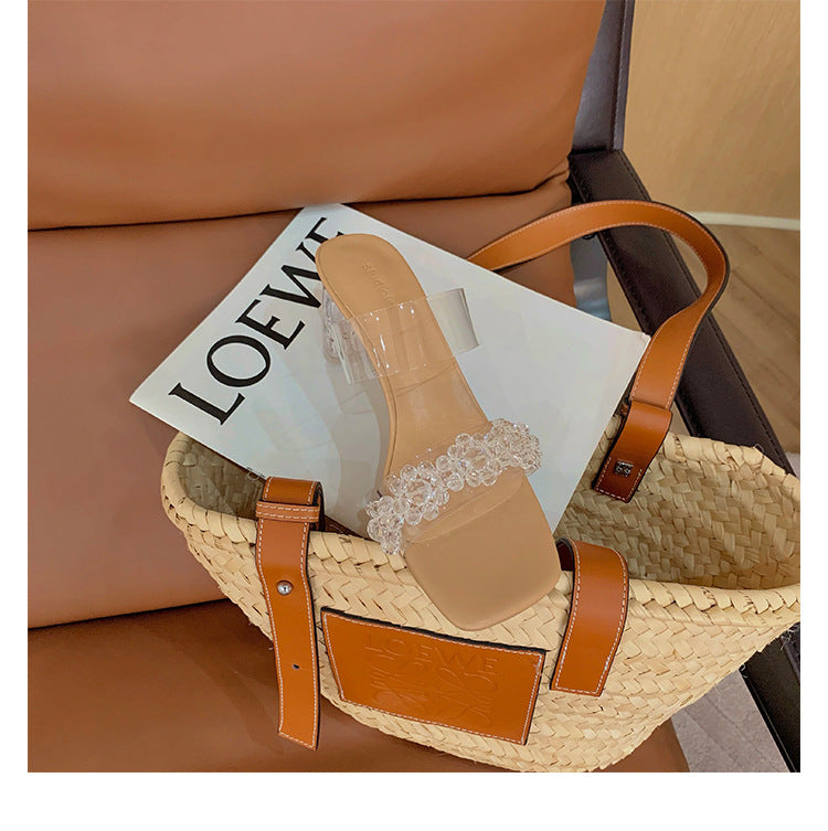 New Summer Sexy Ladies Outside High Heel Sandals Square-Toe Flower Crystal Heel Block Heels Slippers for Women