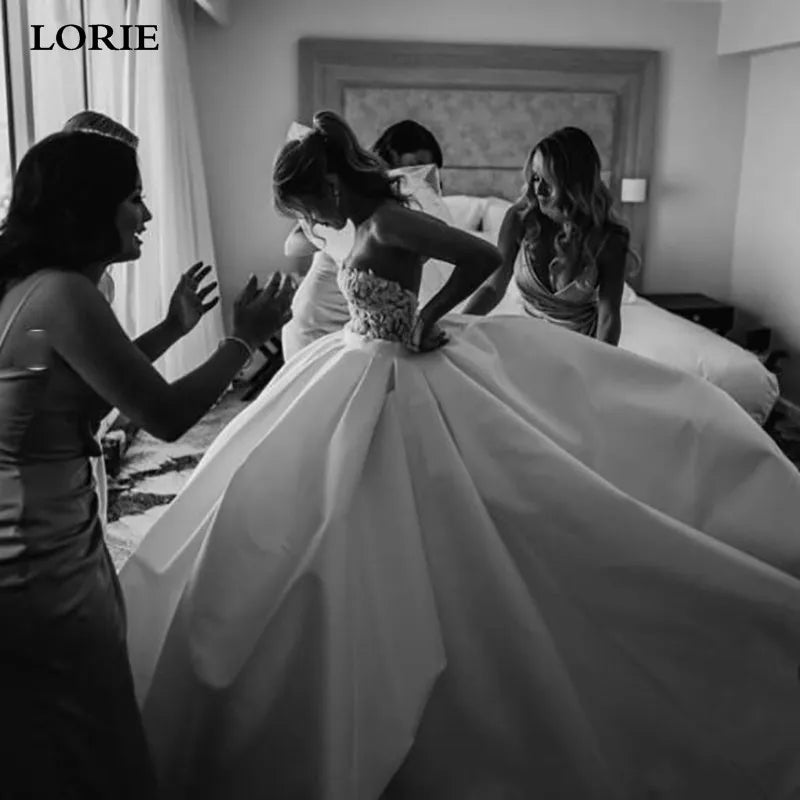LORIE Princess Wedding Dresses Satin Sweetheart Lace Wedding Bridal Gowns Long Train Ivory Wedding Ball Gown - My Store