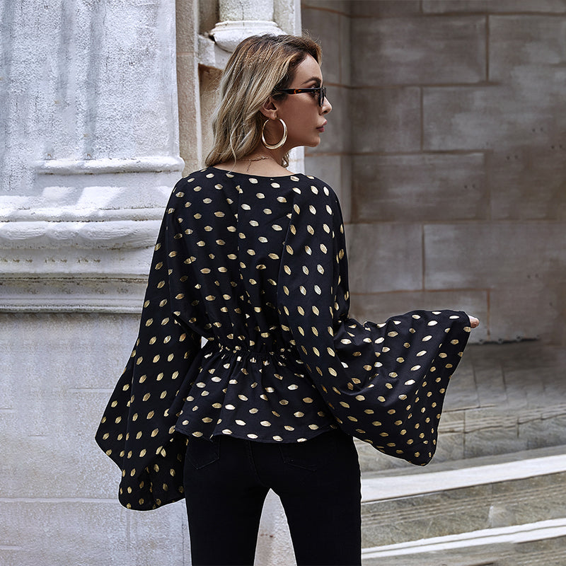 Ladies Blouse Gold Dot Printed Long Sleeve Women Tops Elegant Black Blouses Sexy Ruffle Shirt Top