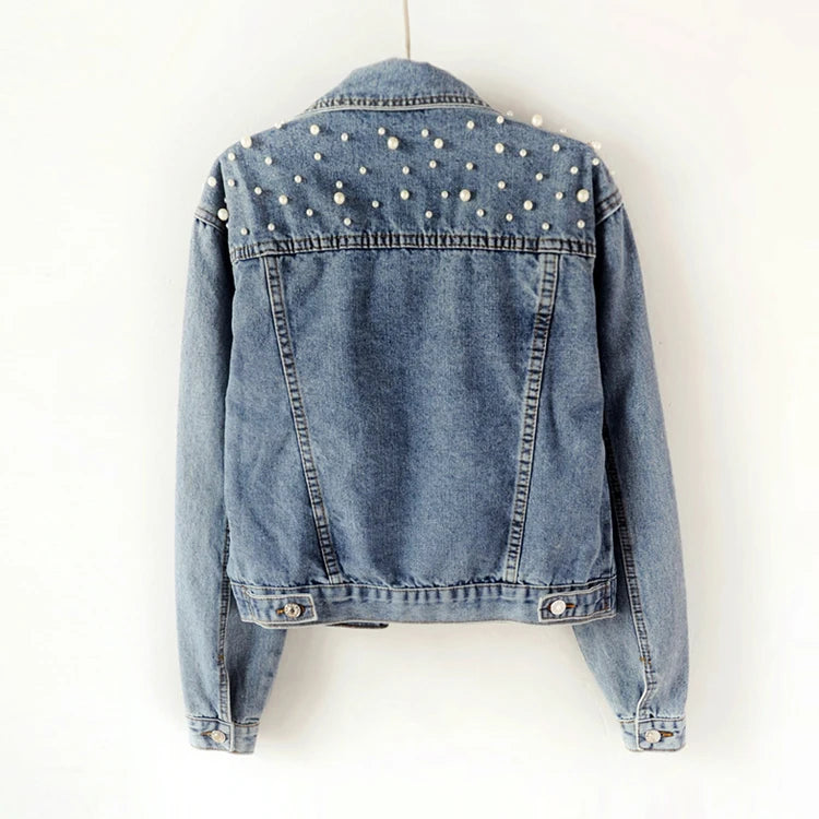 Pearl Beaded Ladies Denim Jeans Jackets Coat Casual Bomber Jean Jacket for Women