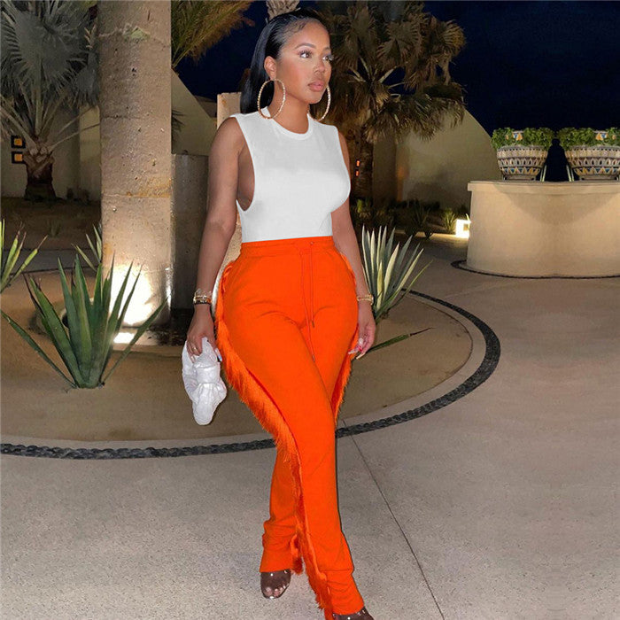 S0255-Spring Women Clothing Orange Fringe Pants Tassel Women Pant Stock