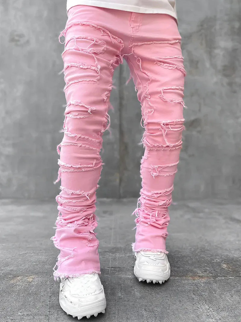 Designer Patch Stretch Stacked Jeans Men Man Jean Trouser Mens in Bulk Wholesale Ripped Jeans