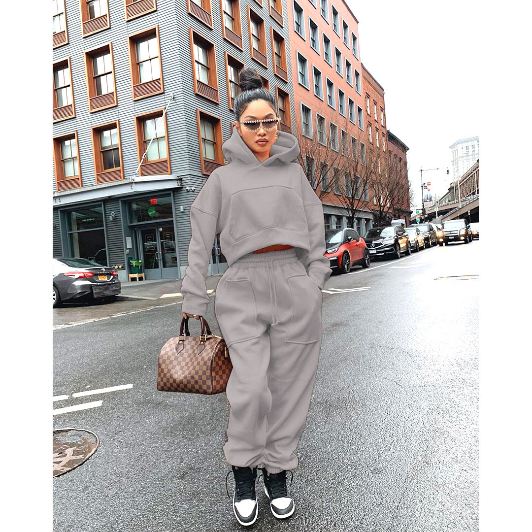 S - 3XL INS Fashion Winter Hoodies Two Piece Tracksuit Casual Womens Fleece Hoodie and Jogger Set - My Store