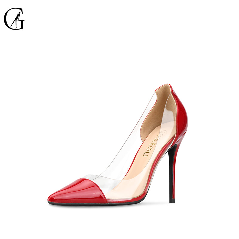 Goxeou Women Fashion High Heels Pumps Transparent Side Straight Heel Thin Heels Pointed Red Black White Nude Factory Price Fast